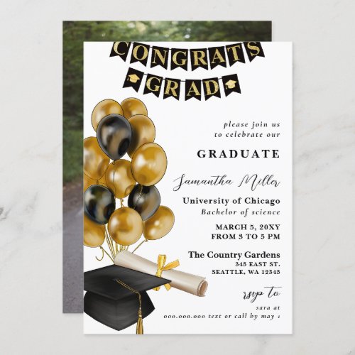 Modern Black and Gold Balloons Photo Graduation Invitation