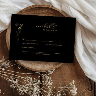 Modern Black and Gold Boho Floral Wedding RSVP Card
