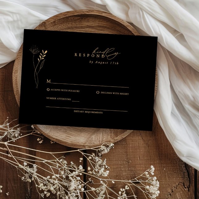 Modern Black and Gold Boho Floral Wedding RSVP Card (Creator Uploaded)
