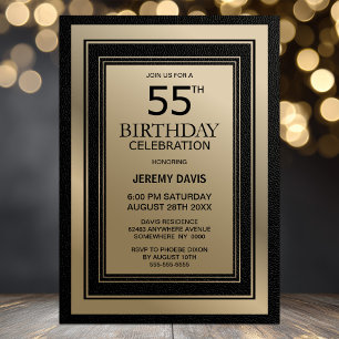 Modern Black and Gold Border 55th Birthday Party Invitation