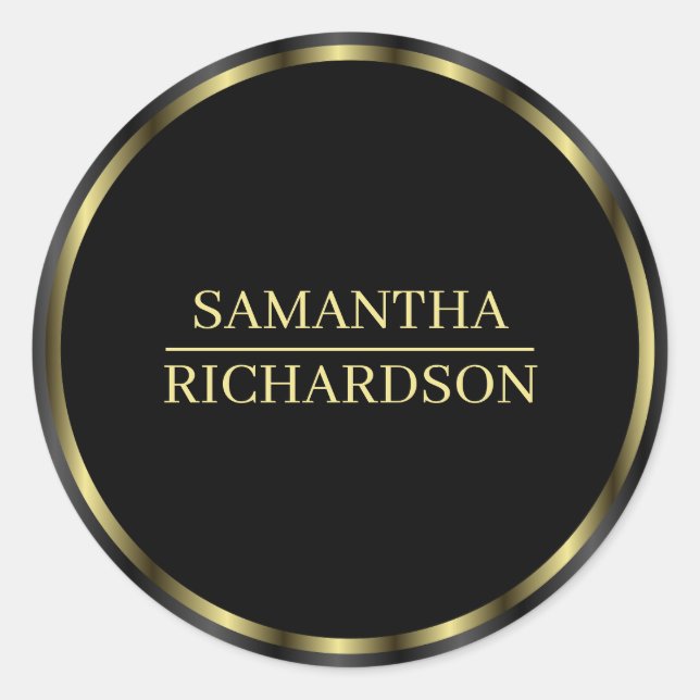 Modern Black And Gold Border Name Classic Round Sticker (Front)