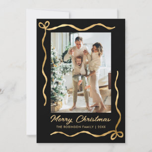 Modern Black and Gold Bow 2 Photo Merry Christmas Holiday Card