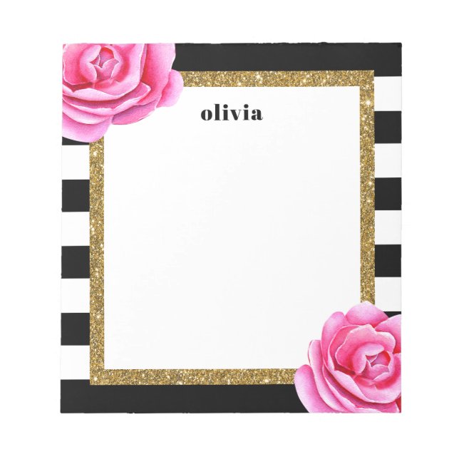 Modern Black and Gold Bright Flower Personalized Notepad (Front)