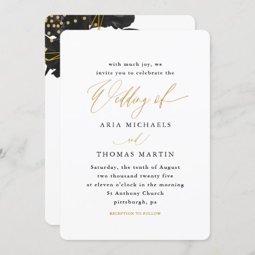 Modern Black and Gold Calligraphy Floral Wedding Invitation