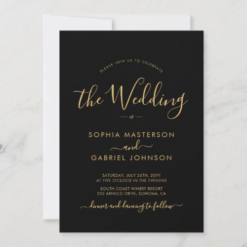 Modern Black and Gold Calligraphy Script Wedding Invitation
