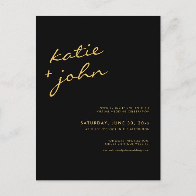 Modern Black and Gold Calligraphy Virtual Wedding  Invitation Postcard (Front)
