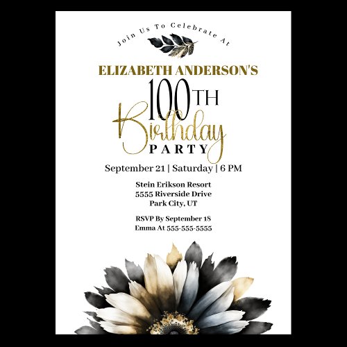 Modern Black and Gold Daisy 100th Birthday Invitation