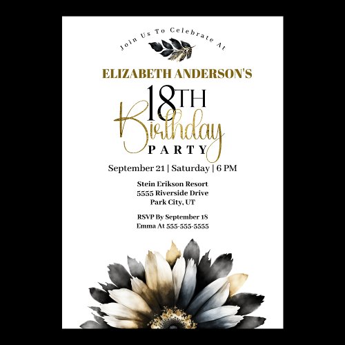 Modern Black and Gold Daisy 18th Birthday Invitation