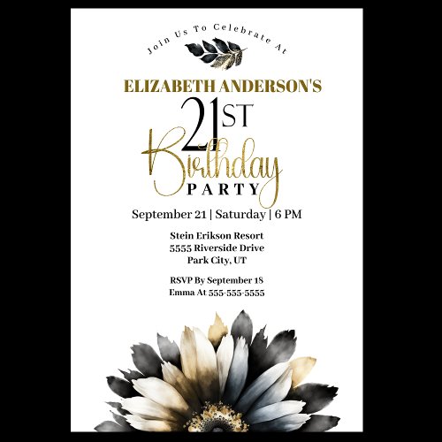 Modern Black and Gold Daisy 21st Birthday Invitation
