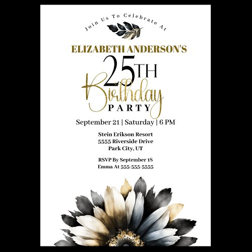 Modern Black and Gold Daisy 25th Birthday Invitation