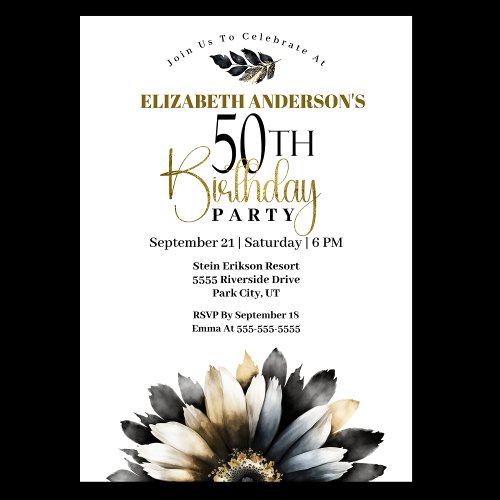 Modern Black and Gold Daisy 50th Birthday Invitation