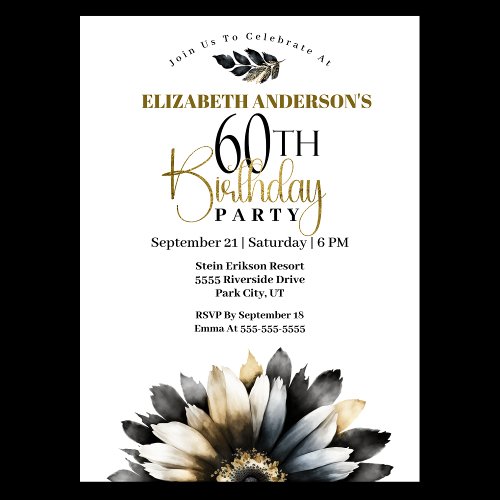 Modern Black and Gold Daisy 60th Birthday Invitation