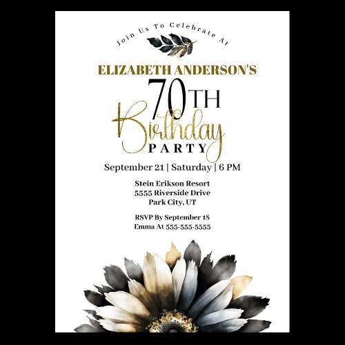 Modern Black and Gold Daisy 70th Birthday Invitation