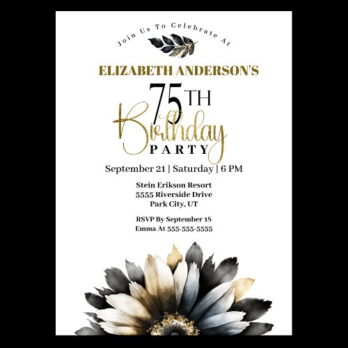 Modern Black and Gold Daisy 75th Birthday Invitation