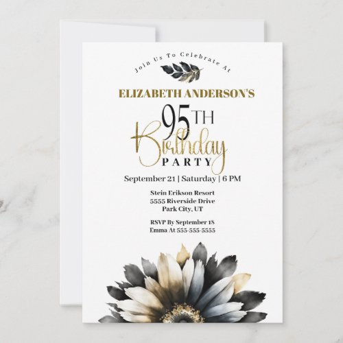 Modern Black and Gold Daisy 95th Birthday Invitation