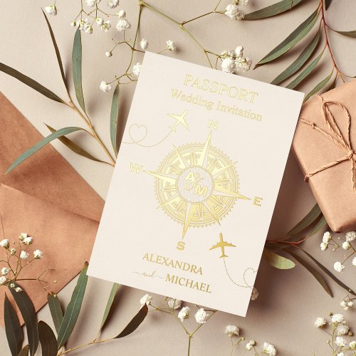 Modern Black and Gold Destination Passport Wedding Foil Invitation