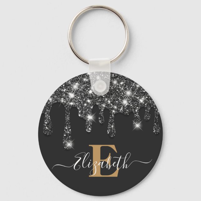 Modern Black and Gold Drips Glitter Monogram Keychain (Front)