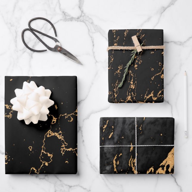 Modern Black and Gold Dusty Wrapping Paper Sheets (Front)