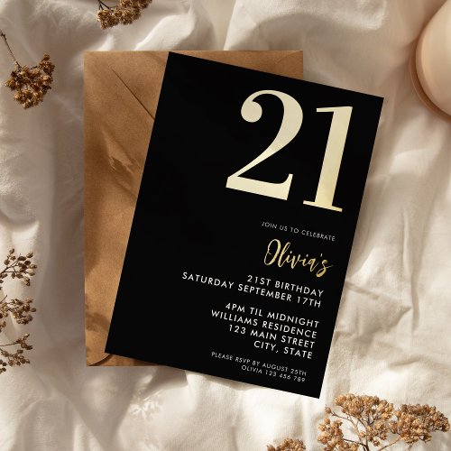 Modern Black and Gold Elegant 21st Birthday Foil Invitation