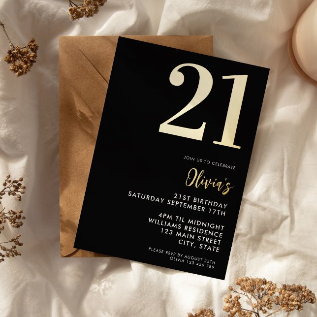 Modern Black and Gold Elegant 21st Birthday Foil Invitation (Modern Black and Gold Elegant 21st Birthday Foil Invitation)