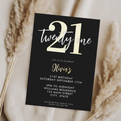 Modern Black and Gold Elegant 21st Birthday Foil Invitation