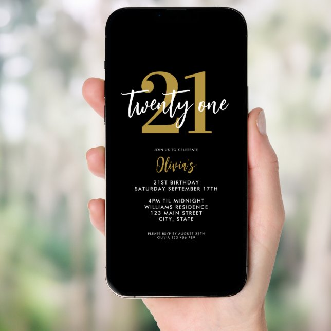 Modern Black and Gold Elegant 21st Birthday Invitation (Front Digital)