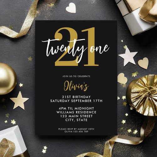 Modern Black and Gold Elegant 21st Birthday Invitation