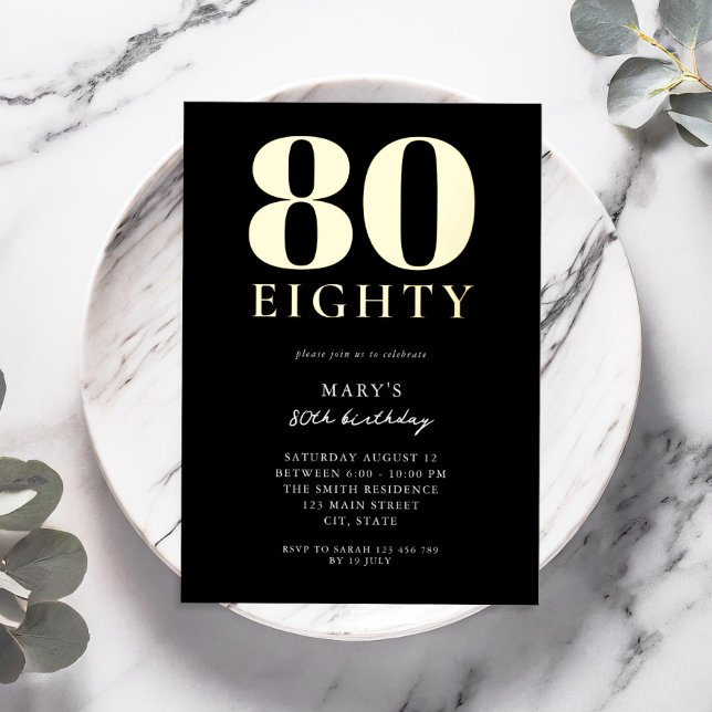 Modern Black and Gold Elegant 80th Birthday Foil Invitation (Creator Uploaded)