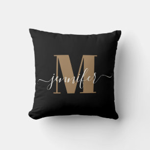Modern Black and Gold Elegant Monogram Name Throw Pillow