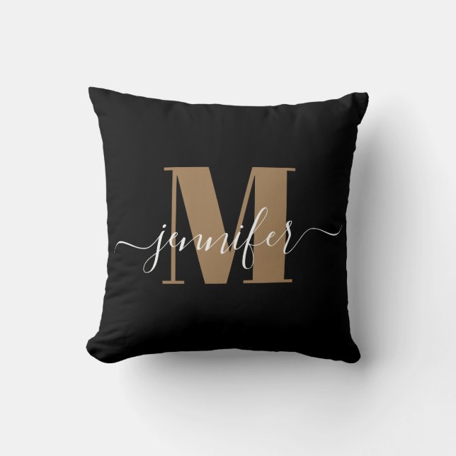 Modern Black and Gold Elegant Monogram Name Throw Pillow (Front)