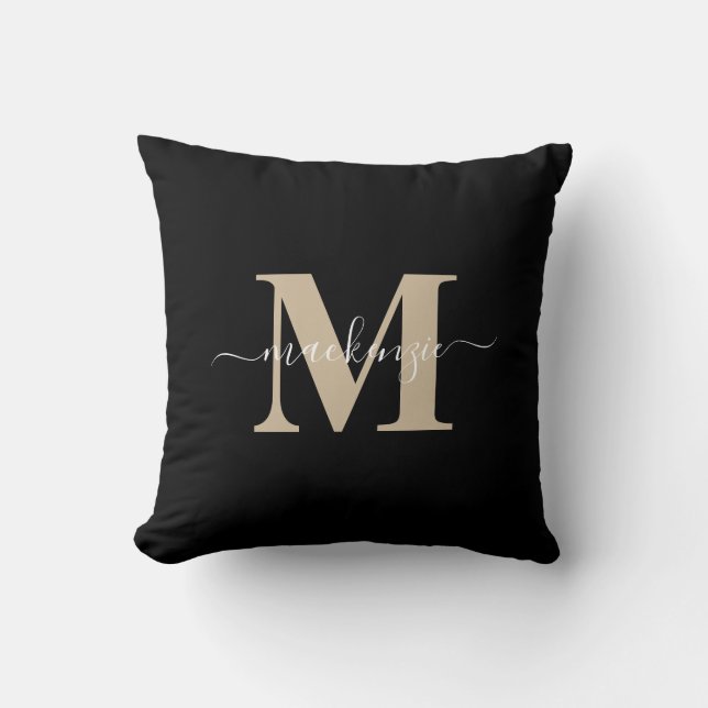 Modern Black and Gold Elegant Monogram Name Throw Pillow (Front)