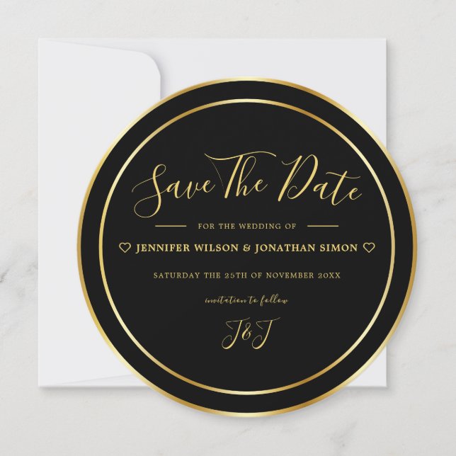 Modern Black and Gold Elegant Simple Round Save The Date (Front)