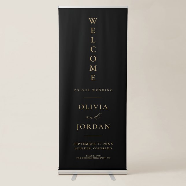 Modern Black and Gold Elegant Wedding Welcome Retractable Banner (Front)