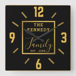 Modern Black And Gold Family Name Personalized Square Wall Clock