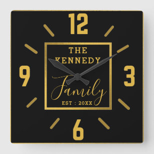 Modern Black And Gold Family Name Personalized Square Wall Clock