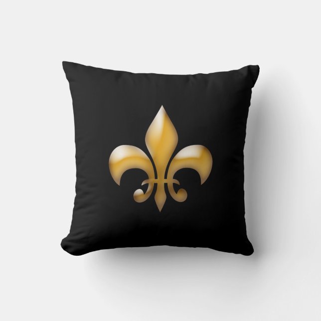 Modern Black and Gold Fleur de Lis Throw Pillow (Front)