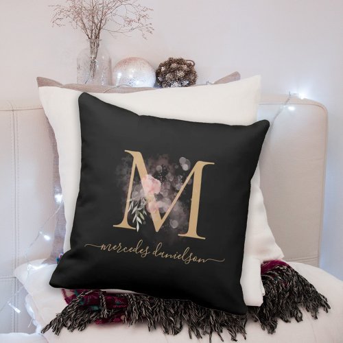 Modern Black and Gold Floral Monogram Throw Pillow