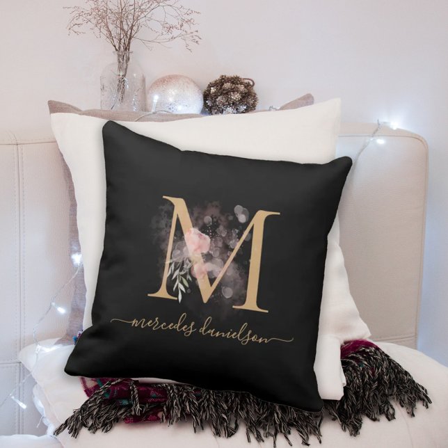 Modern Black and Gold Floral Monogram Throw Pillow (Creator Uploaded)