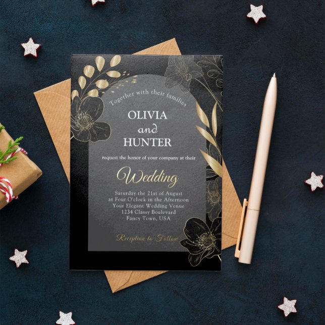 Modern Black and Gold Floral Photo Wedding Foil  Foil Invitation (Black and Gold Floral wedding invitation card )
