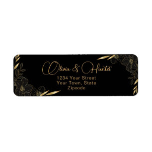 Modern Black and Gold Floral wedding address Label