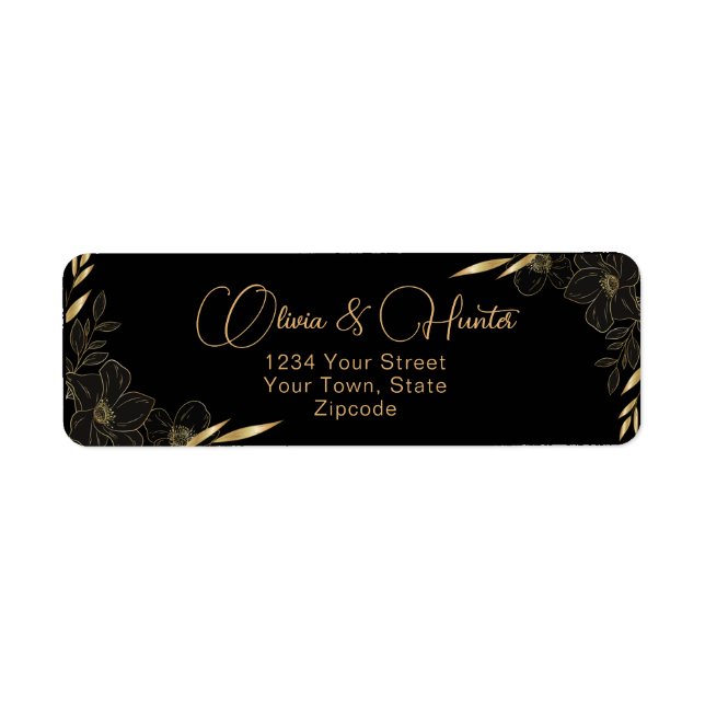 Modern Black and Gold Floral wedding address Label (Front)