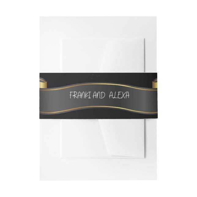 Modern Black and Gold Flourish Calligraphy Wedding Invitation Belly Band (Front Example)