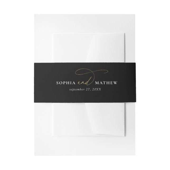 Modern Black and Gold Flourish Calligraphy Wedding Invitation Belly Band (Front Example)