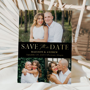 Modern Black and Gold Foil 3 Photo Save the Date Invitation
