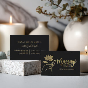 Modern Black and Gold Foil Massage Therapist Logo Business Card