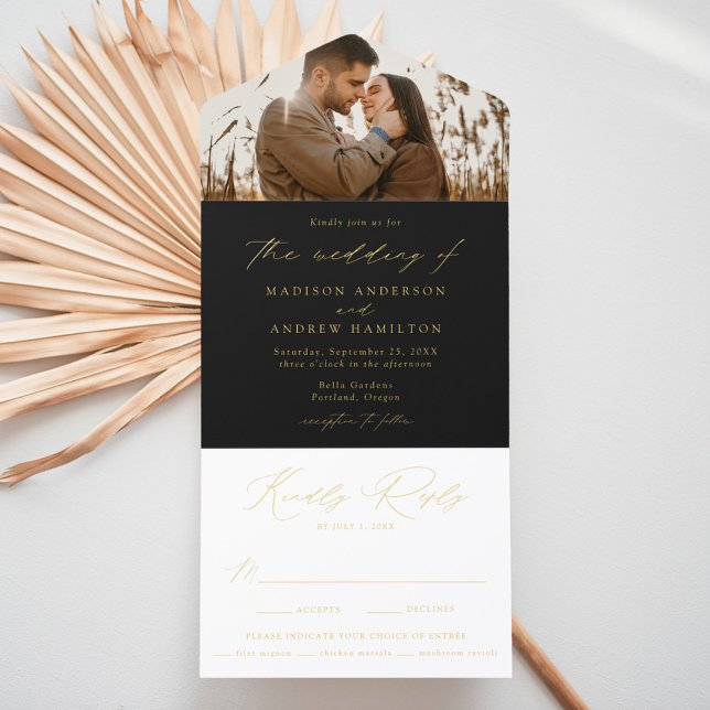 Modern Black and Gold Foil Script Photo Wedding All In One Invitation (Creator Uploaded)