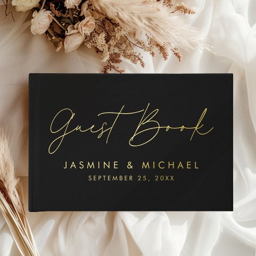 Modern Black and Gold Foil Script Photo Wedding Foil Guest Book