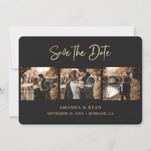 Modern Black and Gold Foil Wedding 3 Photo Save The Date