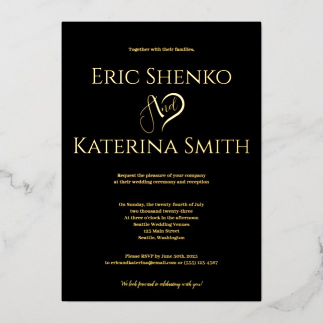 Modern Black and Gold Foil Wedding Invitation Foil Invitation (Front)