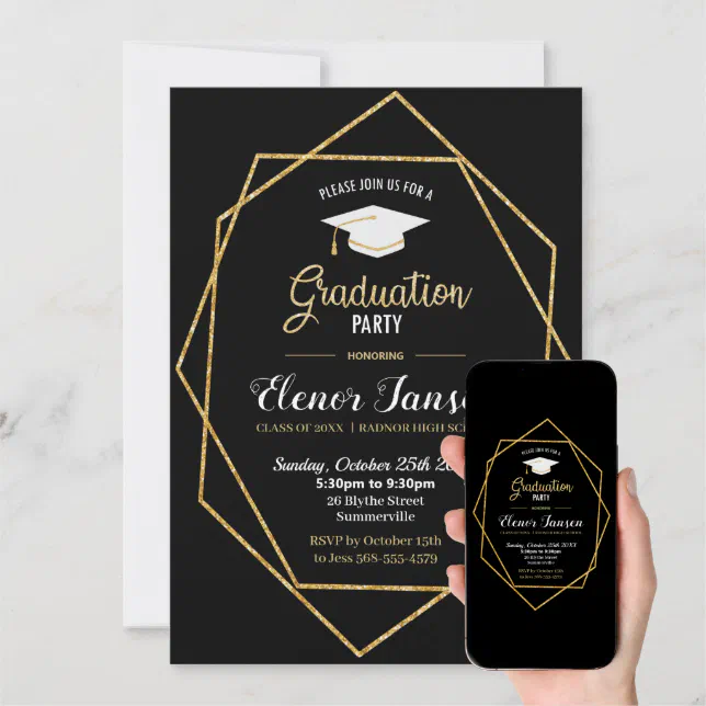 Modern Black and Gold Geometric Graduation Party Invitation | Zazzle